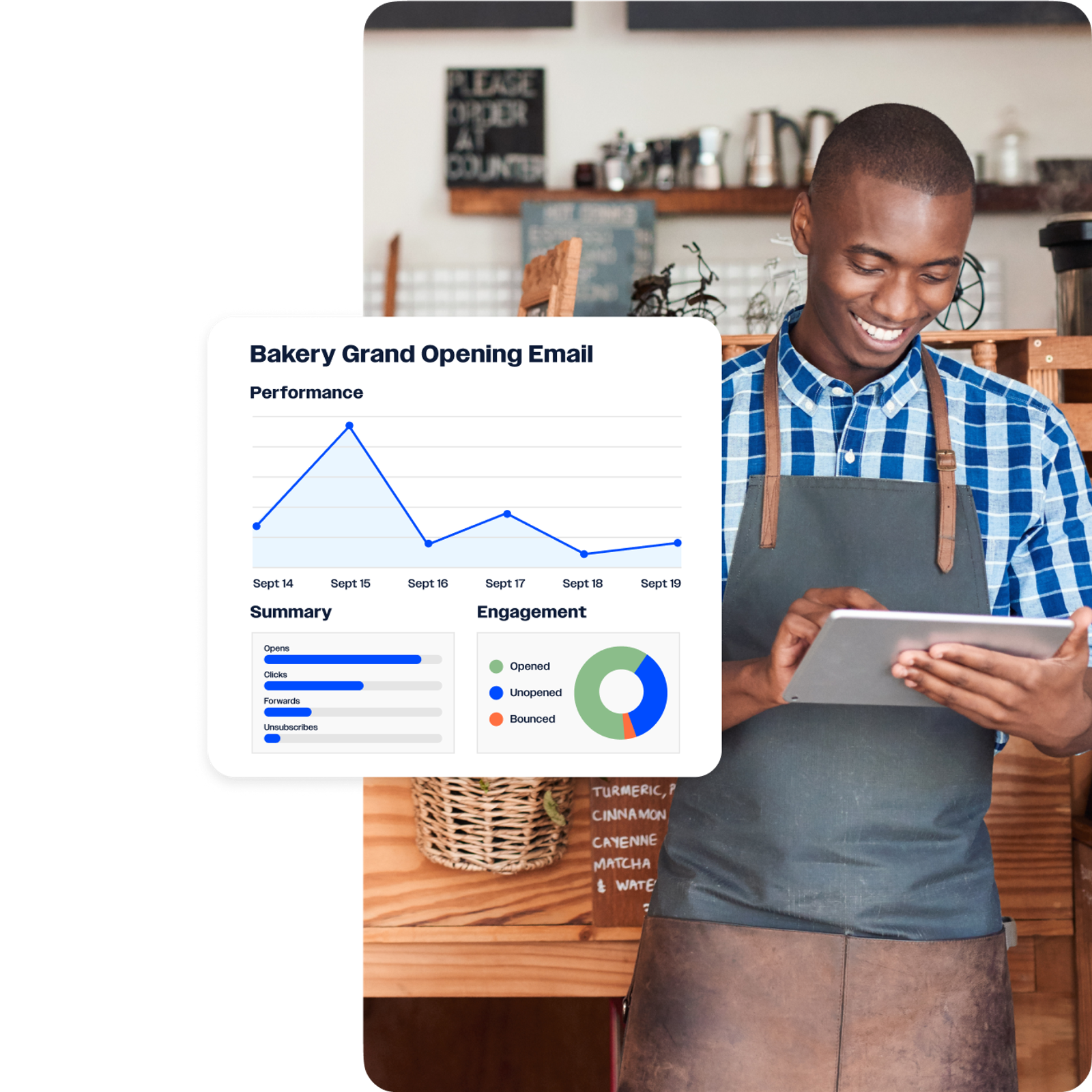 A man in a coffee shop, wearing an apron and looking at a report on a tablet displaying the results of his Bakery Grand Opening Email campaign.